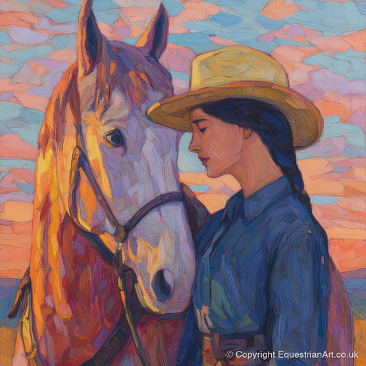 The Sundown Bond - horse & rider art print and canvas by Celia Harding A.I