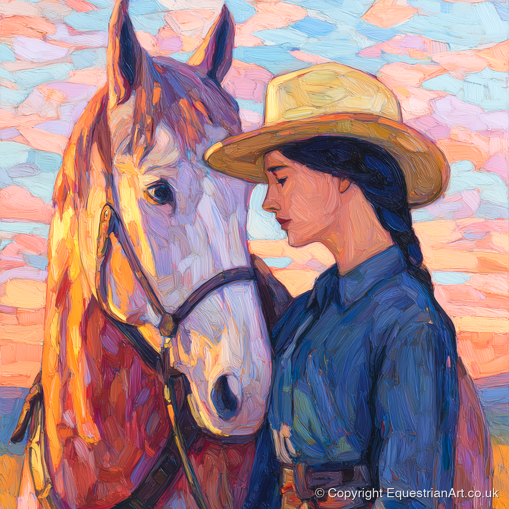 The Sundown Bond - horse & rider art print and canvas by Celia Harding A.I