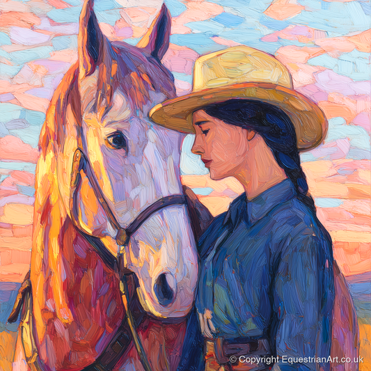 The Sundown Bond - horse & rider art print and canvas by Celia Harding A.I