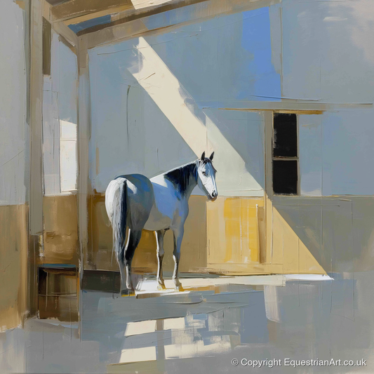 The Sunlit Grey - horse stable art print and canvas by Elias Thorne A.I