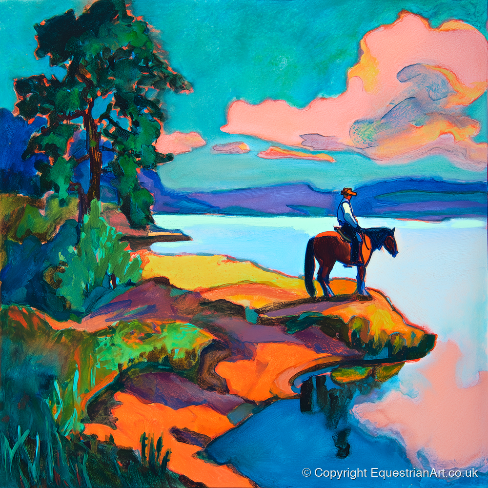 The Violet Shoreline - beach horse art print and canvas by Gideon Wright A.I