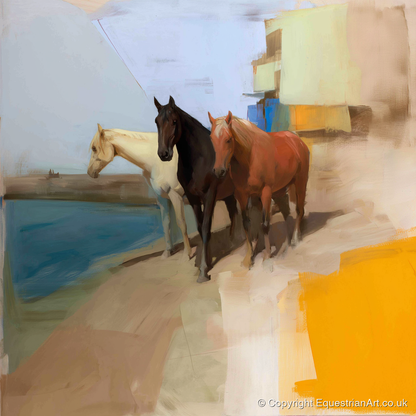 The Waterfront Trio - horse landscape art print and canvas by Silas Marlowe A.I