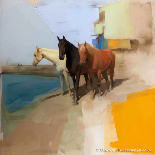 The Waterfront Trio - horse landscape art print and canvas by Silas Marlowe A.I