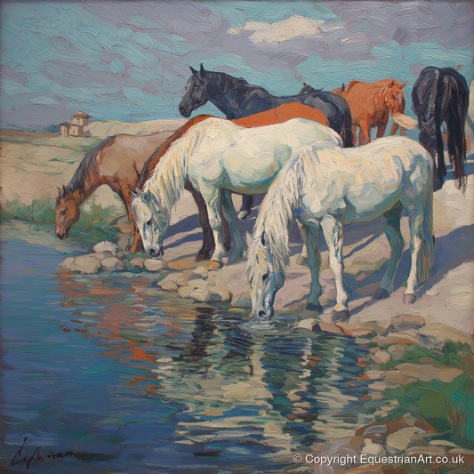 The Watering Hole - wild horses art print and canvas by Edgar Whitmore A.I