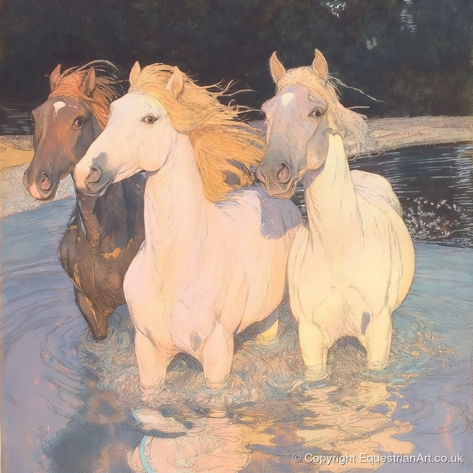 Three in the Shallows - wild horses art print and canvas by Isobel Hawthorn A.I