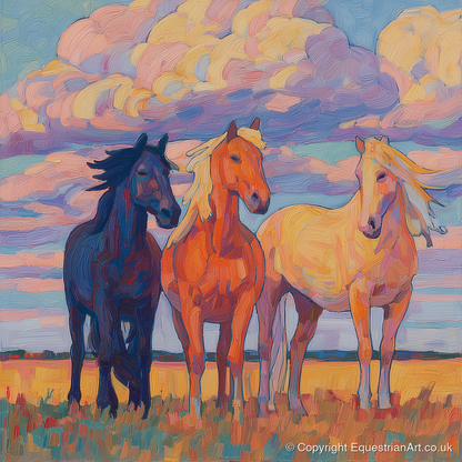 Three Under Painted Skies - horse landscape art print and canvas by Celia Harding A.I