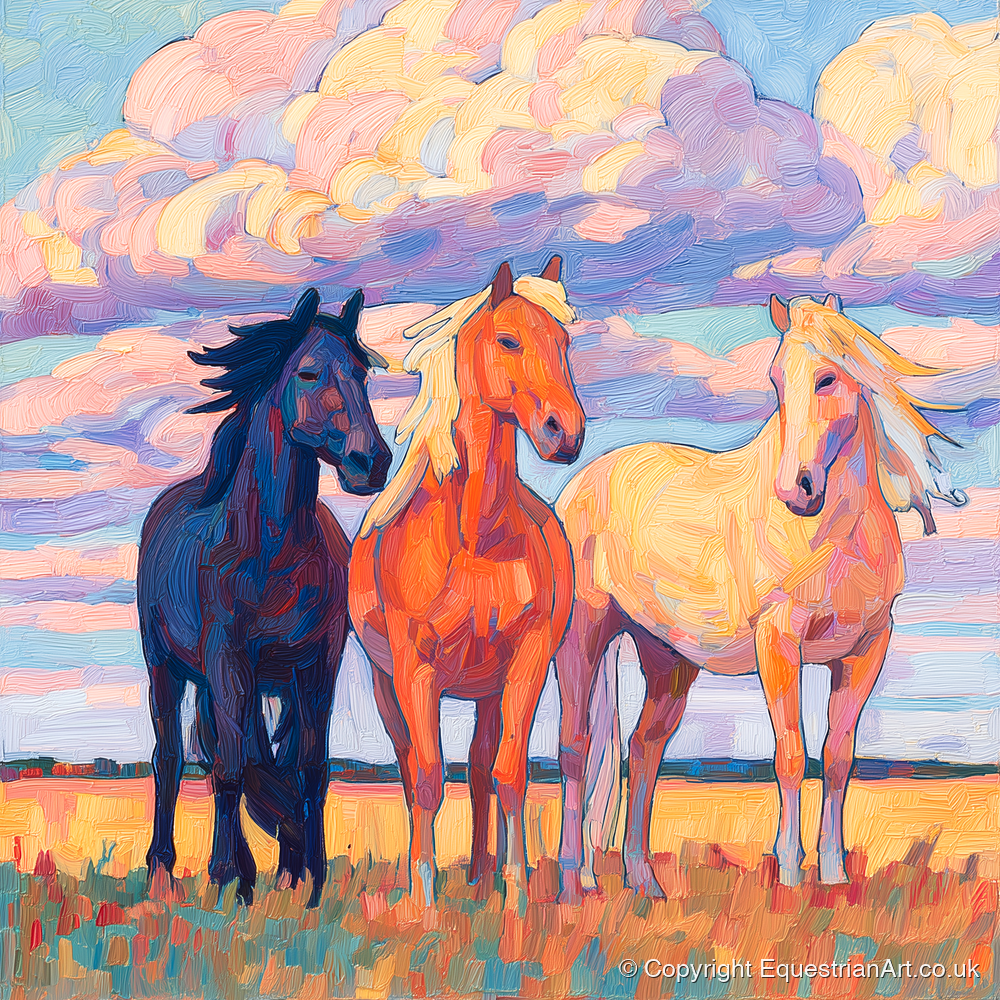 Three Under Painted Skies - horse landscape art print and canvas by Celia Harding A.I