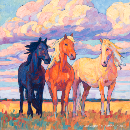 Three Under Painted Skies - horse landscape art print and canvas by Celia Harding A.I