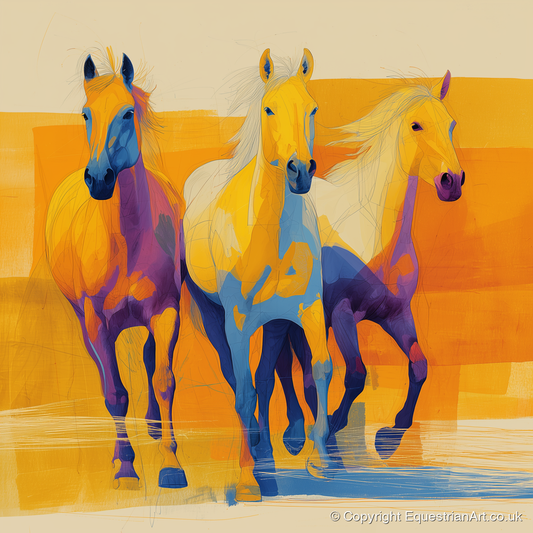 Three Vibrant Strides - horse landscape art print and canvas by Tobias Blake A.I