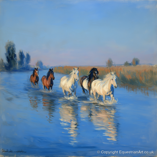 Through the Cerulean Shallows - wild horses art print and canvas by Gabriel Hayes A.I