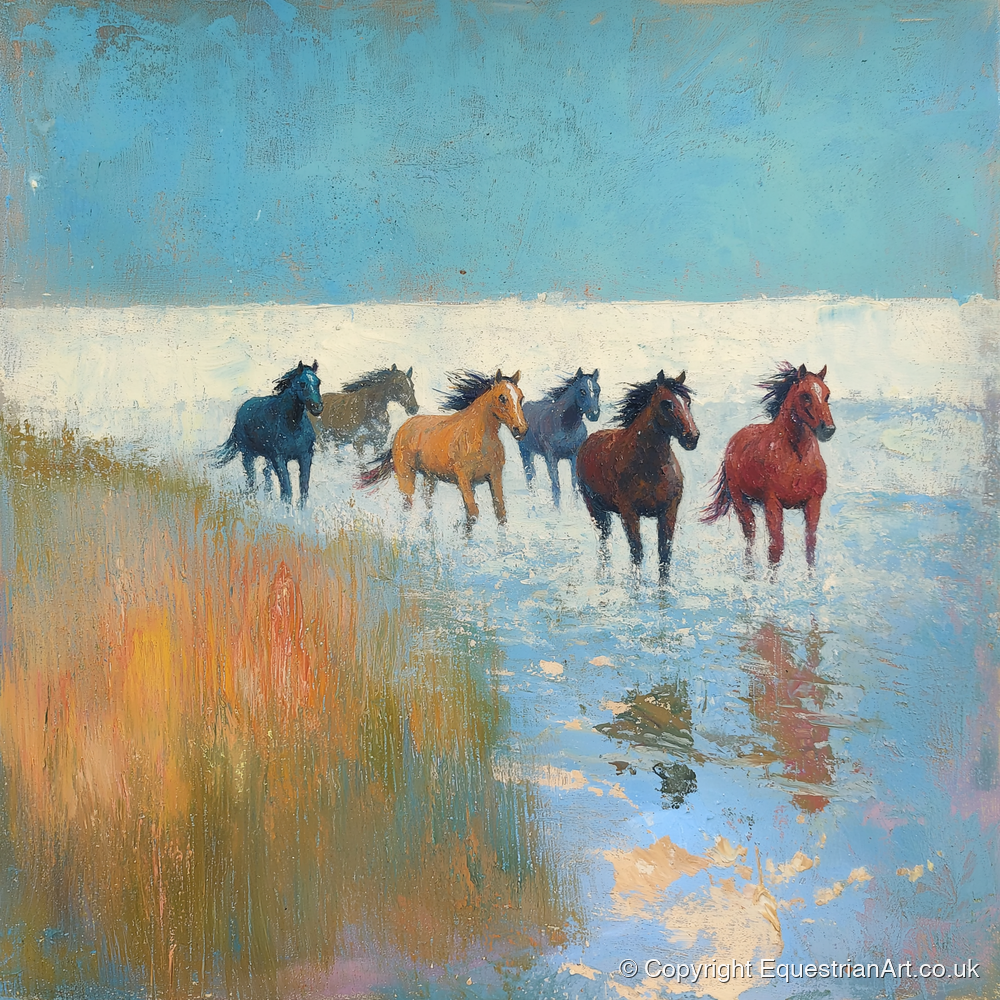 Through the Shallows - wild horses art print and canvas by Benedict Croft A.I