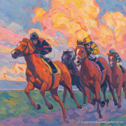 Thundering Sunset - racing horse art print and canvas by Celia Harding A.I