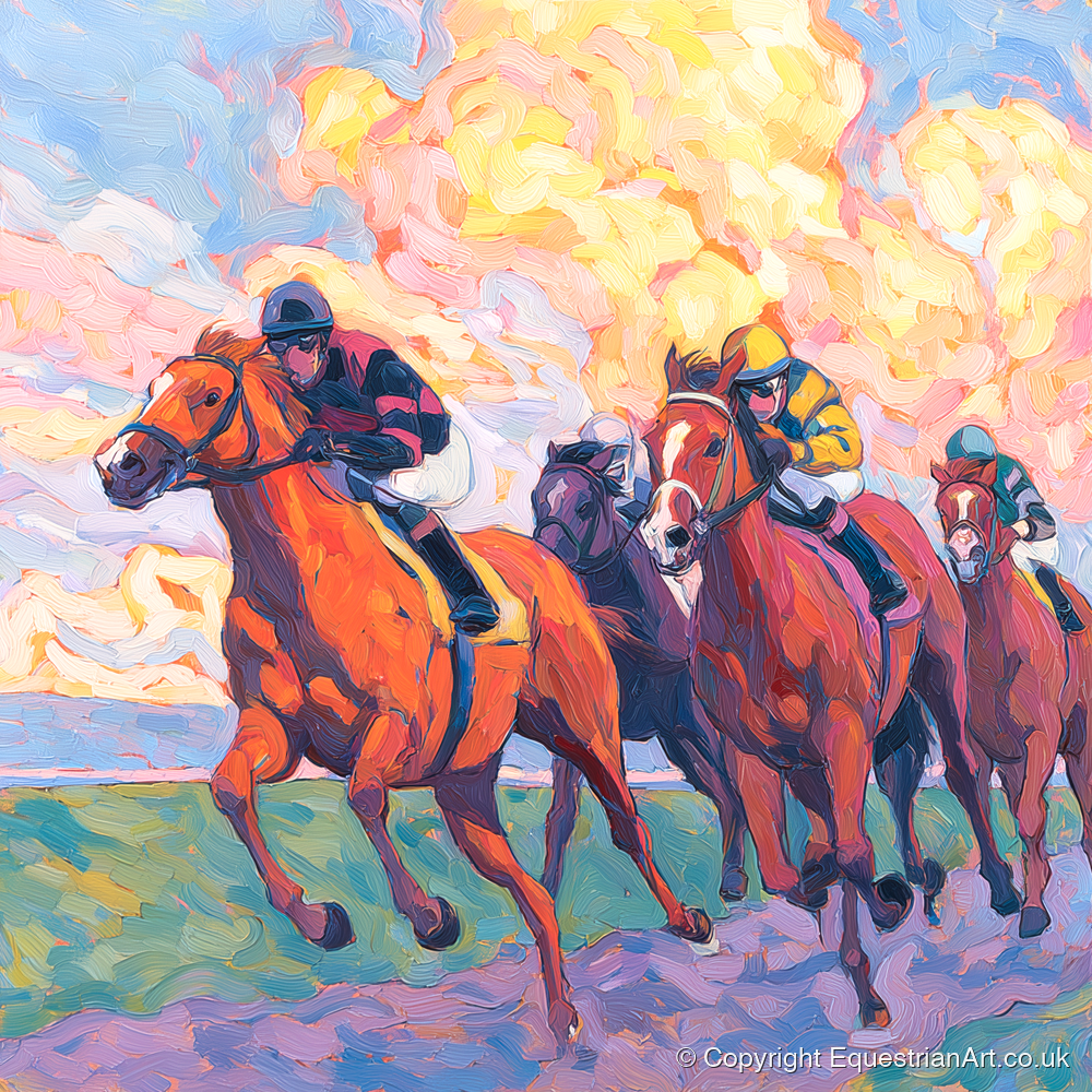 Thundering Sunset - racing horse art print and canvas by Celia Harding A.I
