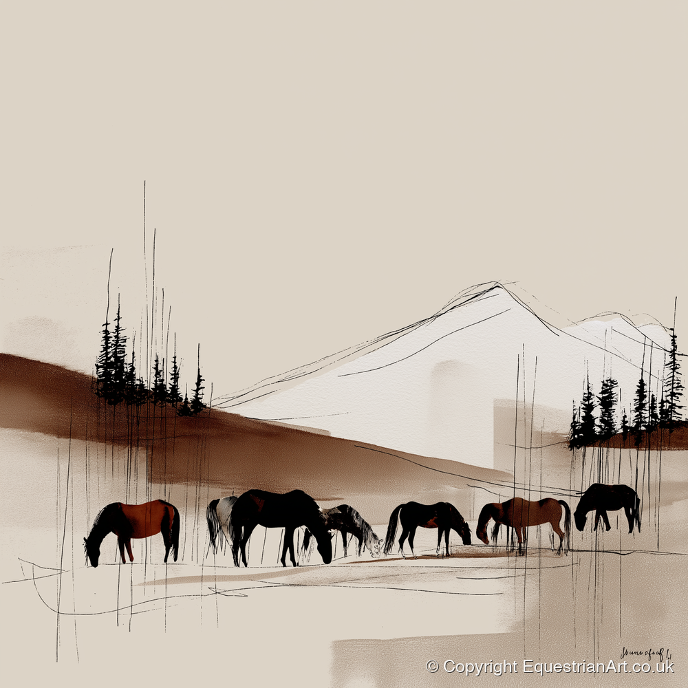 Tranquil Grazing Herd - horse landscape art print and canvas by Julian Vance A.I
