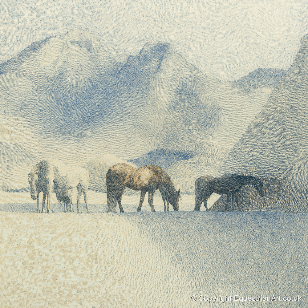 Tranquil Mountain Pasture - horse landscape art print and canvas by Arthur Sterling A.I