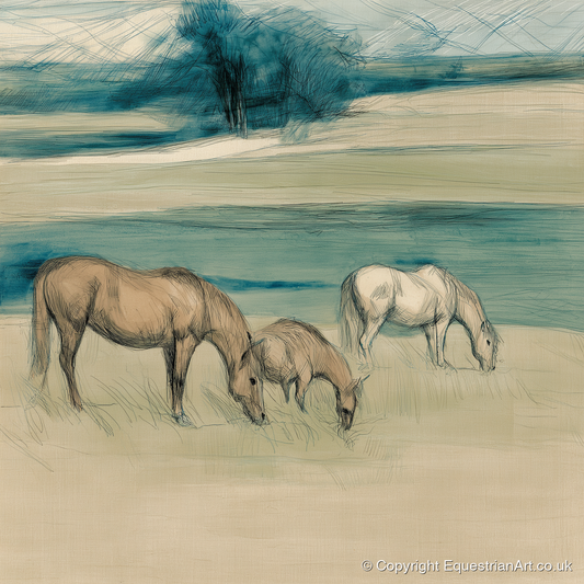 Tranquil Teal Pastures - mare & foal art print and canvas by Clara Pemberton A.I