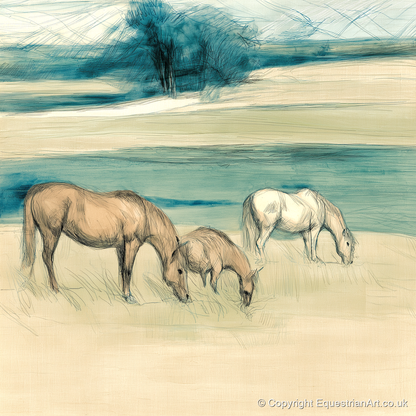 Tranquil Teal Pastures - mare & foal art print and canvas by Clara Pemberton A.I