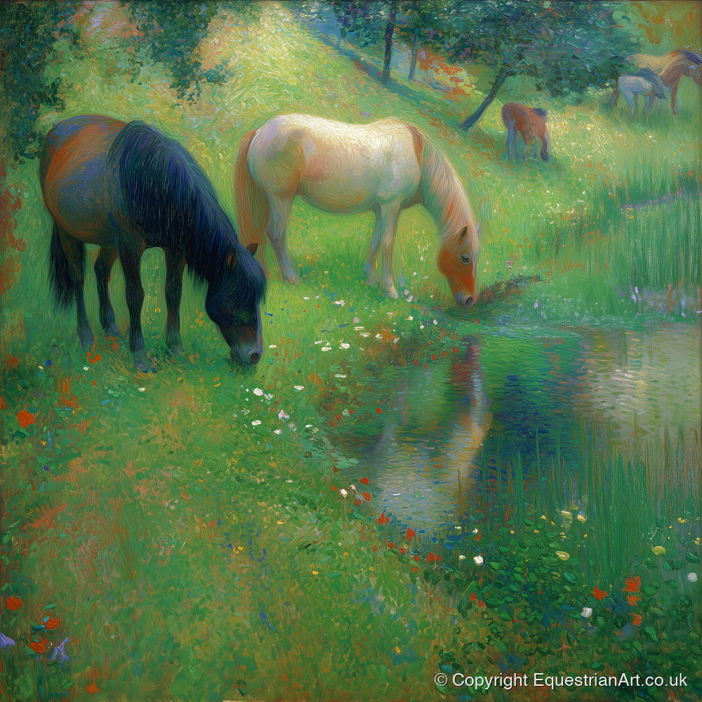 Tranquil Water Meadow - horse landscape art print and canvas by Ambrose Keating A.I