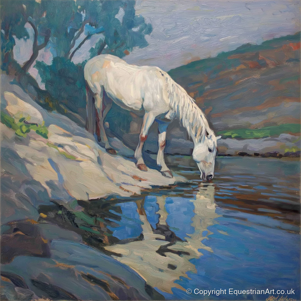 Tranquil Waters Edge - horse landscape art print and canvas by Edgar Whitmore A.I