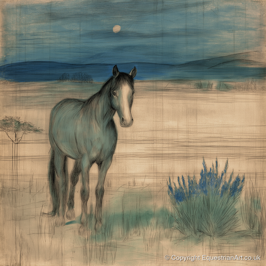 Twilight Moonlit Watch - horse landscape art print and canvas by Clara Pemberton A.I