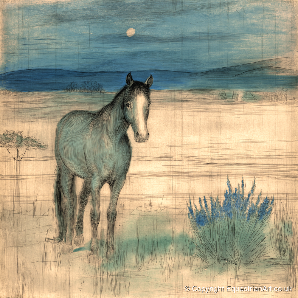 Twilight Moonlit Watch - horse landscape art print and canvas by Clara Pemberton A.I