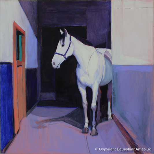 Twilight Stable Solitude - horse stable art print and canvas by Marcus Vane A.I