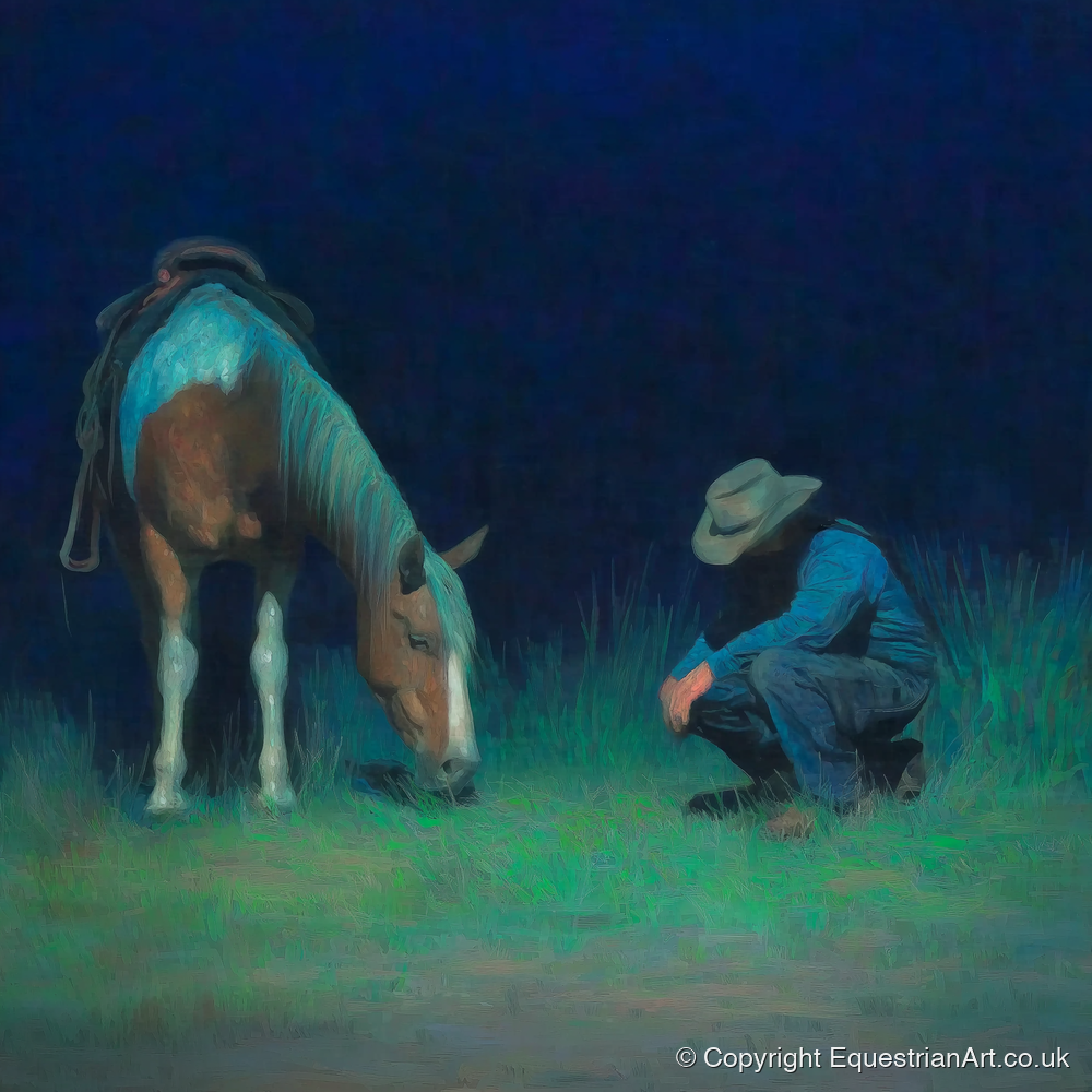 Under An Indigo Sky - horse & rider art print and canvas by Raymond Shaw A.I