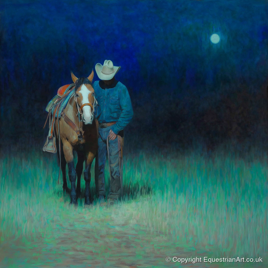 Under the Western Moon - western horse art print and canvas by Raymond Shaw A.I