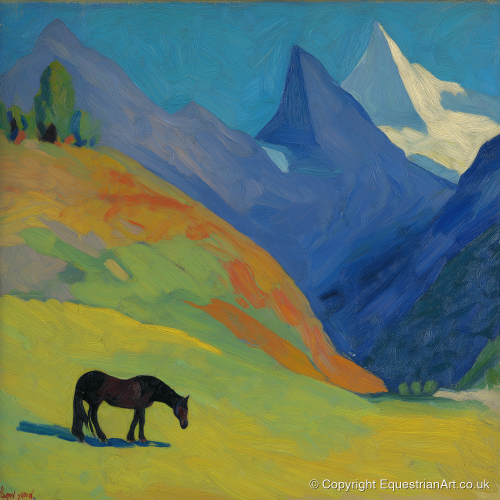 Vibrant Alpine Grazing - horse landscape art print and canvas by Rowan Sinclair A.I