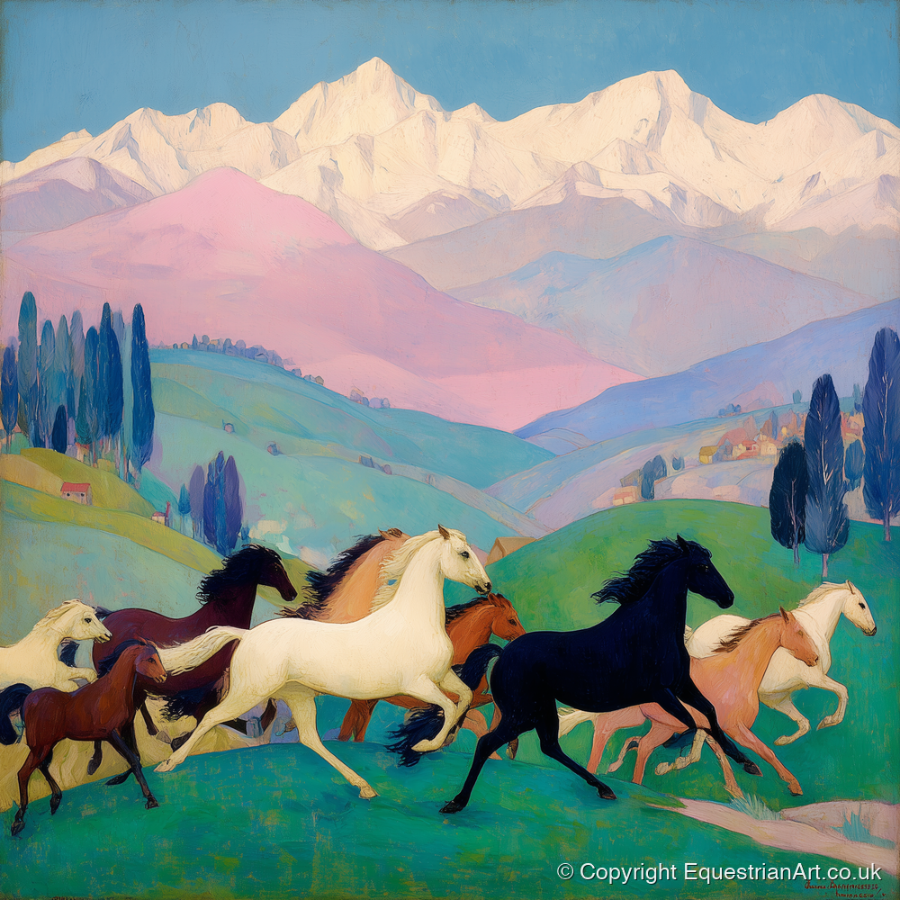 Vibrant Alpine Herd - horse landscape art print and canvas by Aldous Trent A.I
