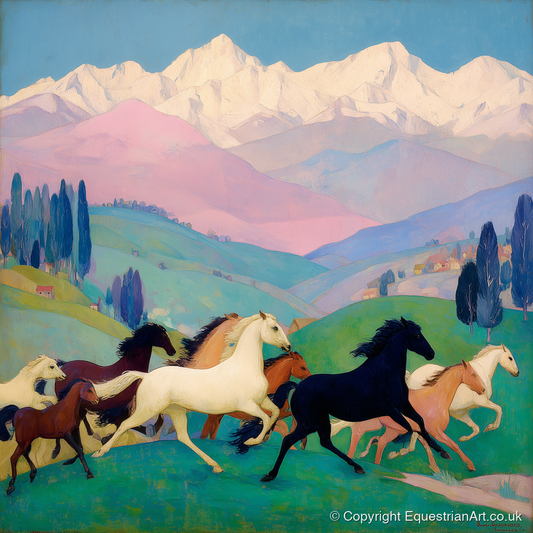 Vibrant Alpine Herd - horse landscape art print and canvas by Aldous Trent A.I