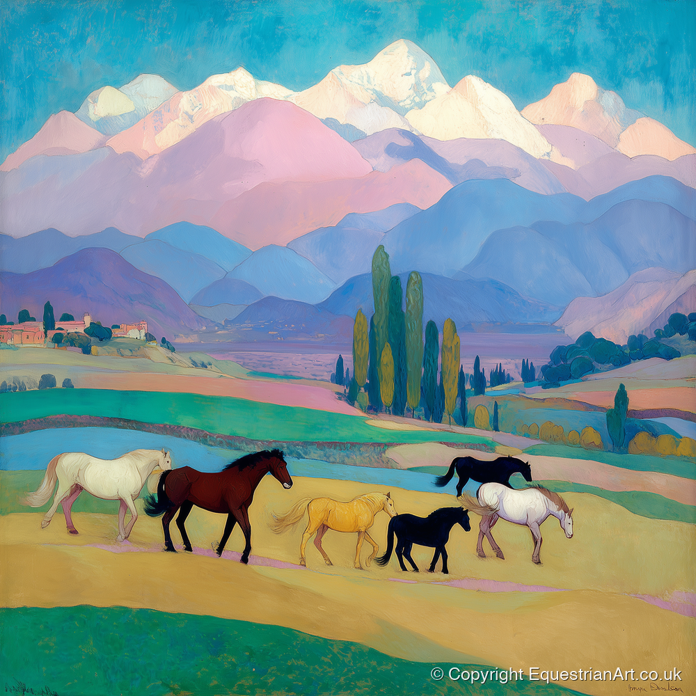 Vibrant Alpine Herd - horse landscape art print and canvas by Aldous Trent A.I