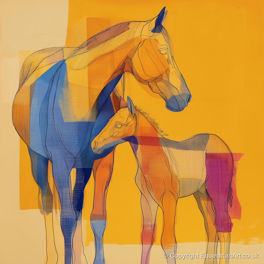Vibrant Amber Kinship - mare & foal art print and canvas by Tobias Blake A.I