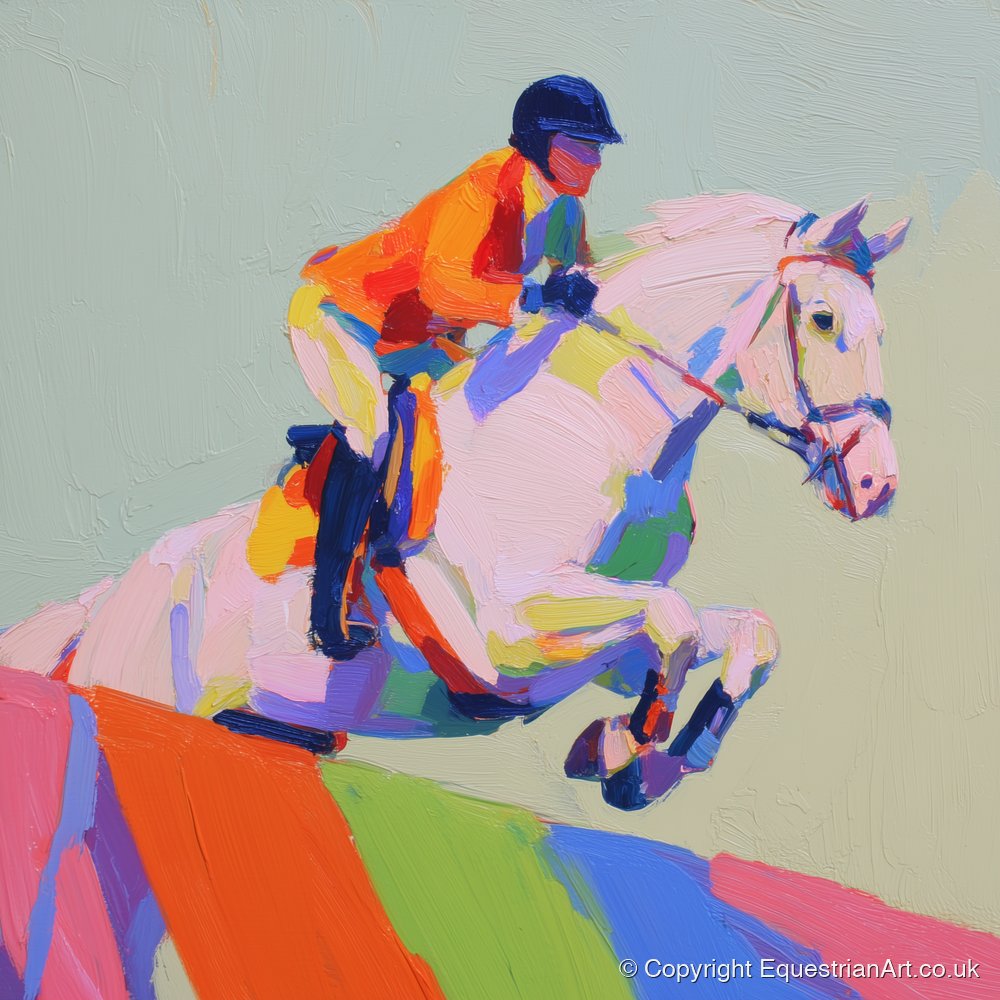 Vibrant Ascent - show jumping horse art print and canvas by Desmond Locke A.I