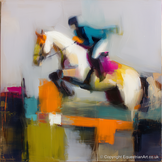 Vibrant Ascent - show jumping horse art print and canvas by Warren Yates A.I