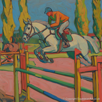 Vibrant Ascent - show jumping horse art print and canvas by Mirabel Carlyle A.I