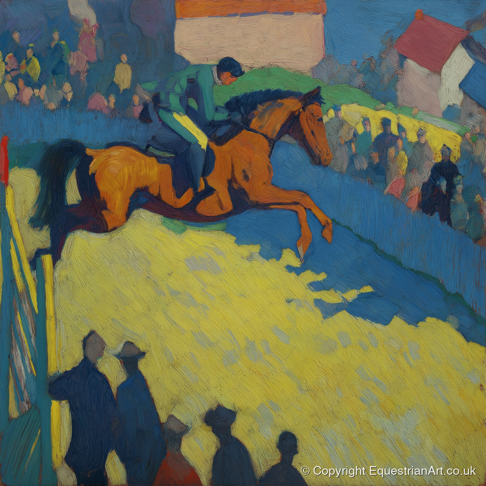 Vibrant Ascent - show jumping horse art print and canvas by Rowan Sinclair A.I