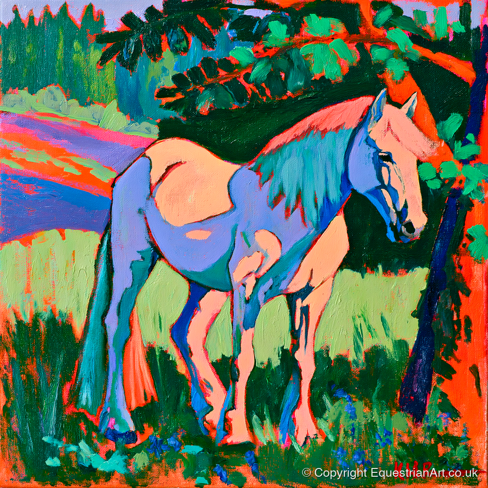 Vibrant Blue Horse Under Tree - horse breed art print and canvas by Gideon Wright A.I