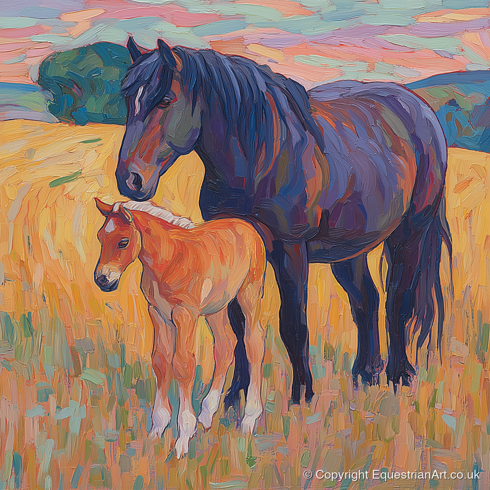 Vibrant Bond Mare and Foal - mare & foal art print and canvas by Celia Harding A.I