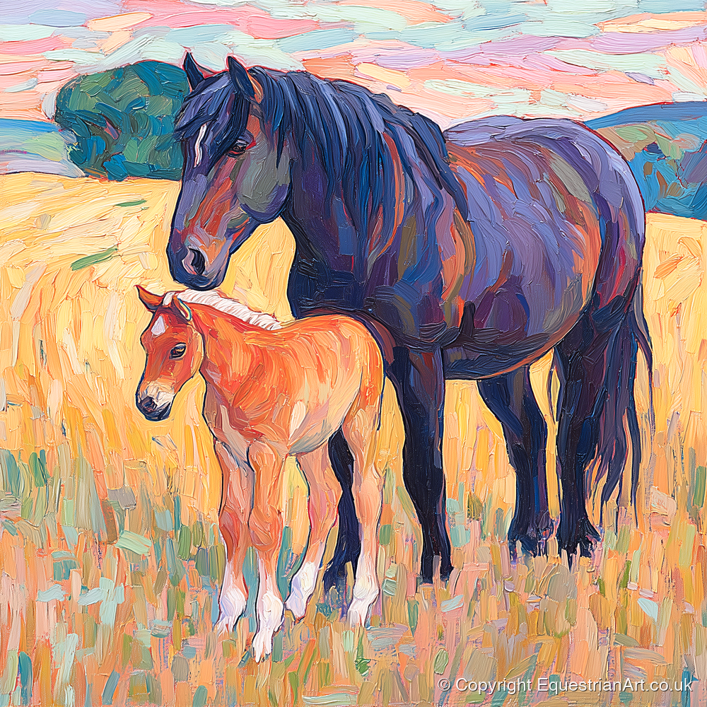 Vibrant Bond Mare and Foal - mare & foal art print and canvas by Celia Harding A.I