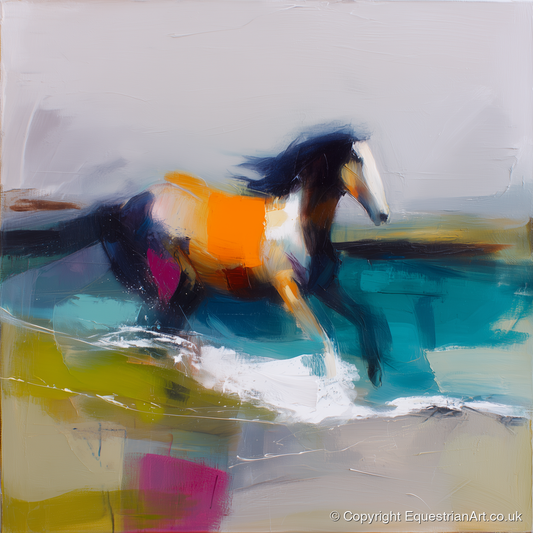Vibrant Coastal Canter - beach horse art print and canvas by Warren Yates A.I