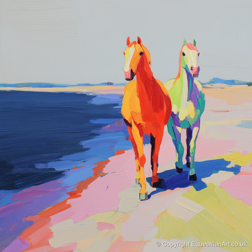 Vibrant Coastal Companions - horse landscape art print and canvas by Desmond Locke A.I