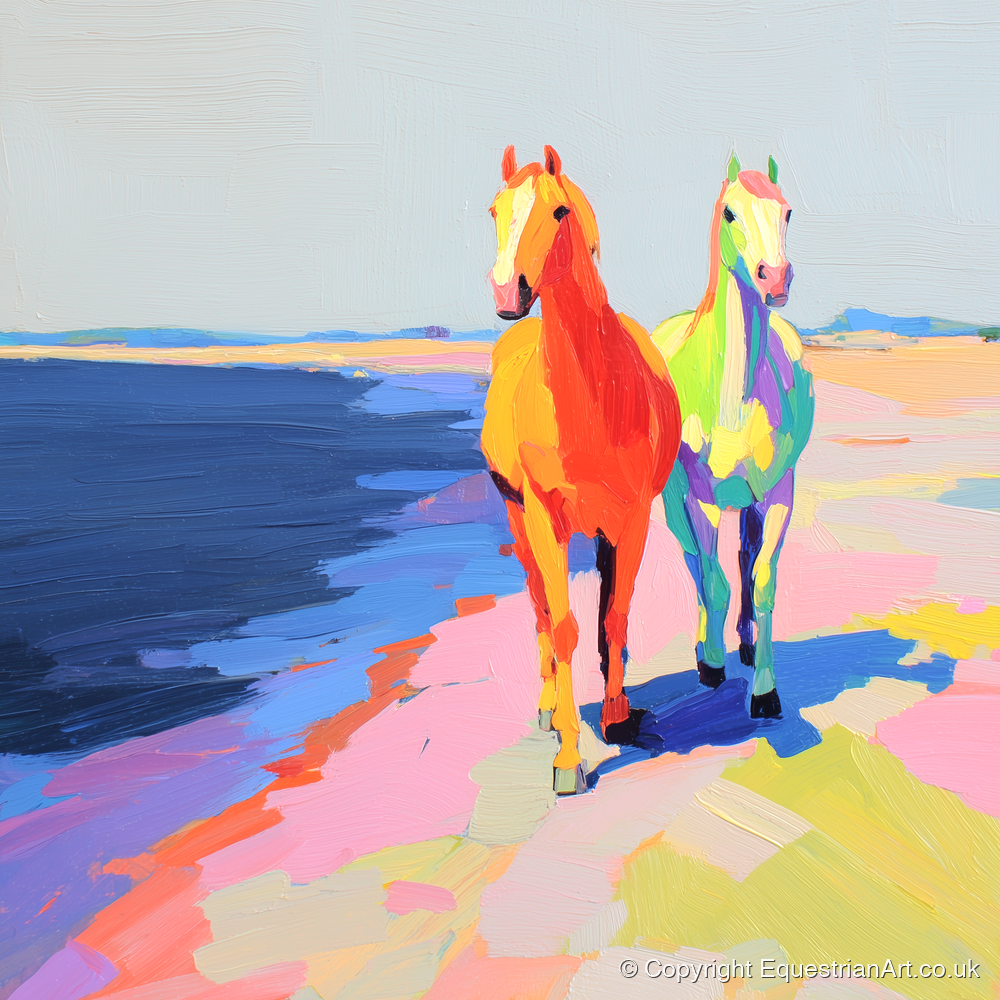 Vibrant Coastal Companions - horse landscape art print and canvas by Desmond Locke A.I