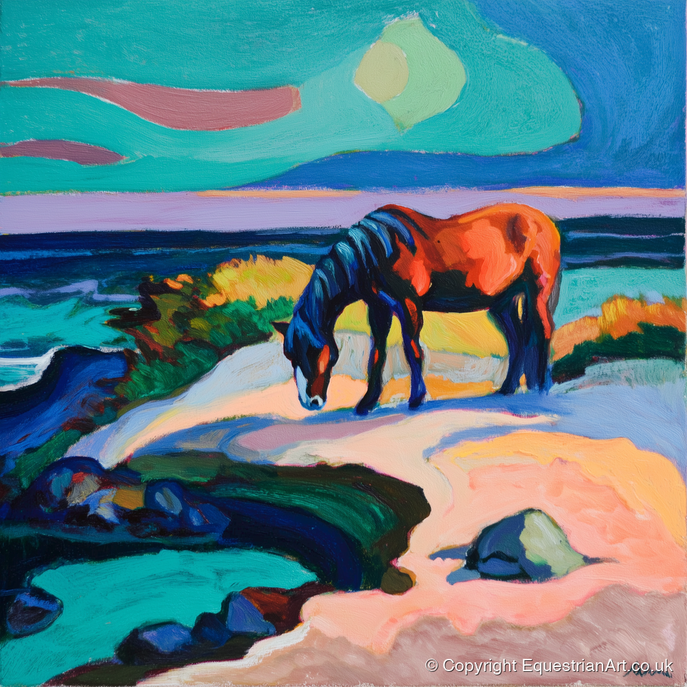 Vibrant Coastal Graze - horse landscape art print and canvas by Gideon Wright A.I