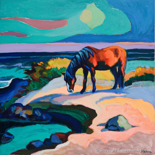 Vibrant Coastal Graze - horse landscape art print and canvas by Gideon Wright A.I