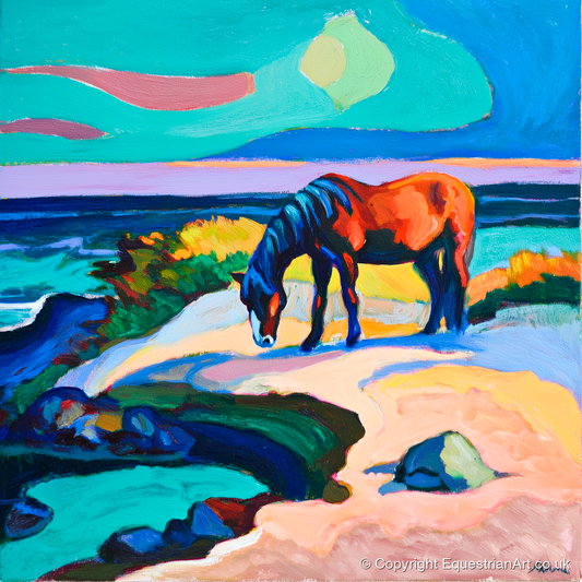 Vibrant Coastal Graze - horse landscape art print and canvas by Gideon Wright A.I