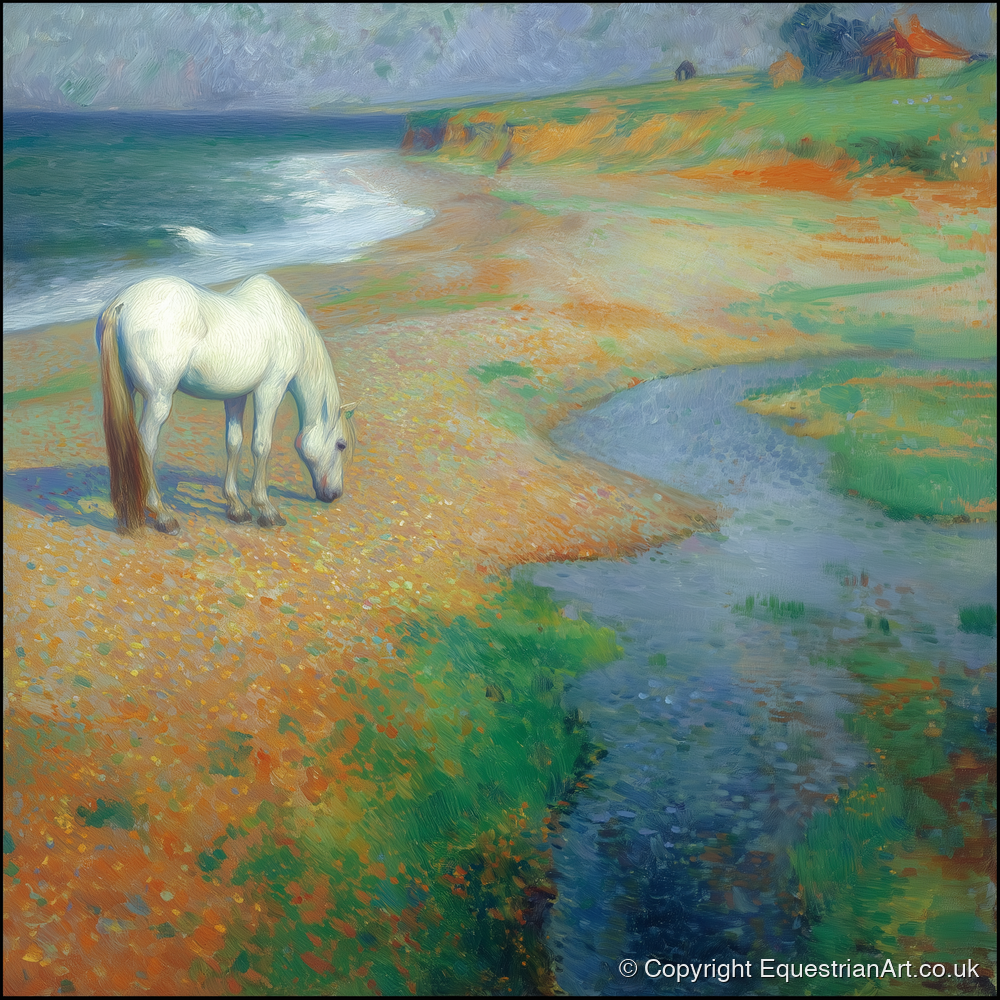 Vibrant Coastal Grazing - horse landscape art print and canvas by Ambrose Keating A.I