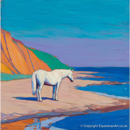 Vibrant Coastal Solitude - horse landscape art print and canvas by Marshall Davies A.I