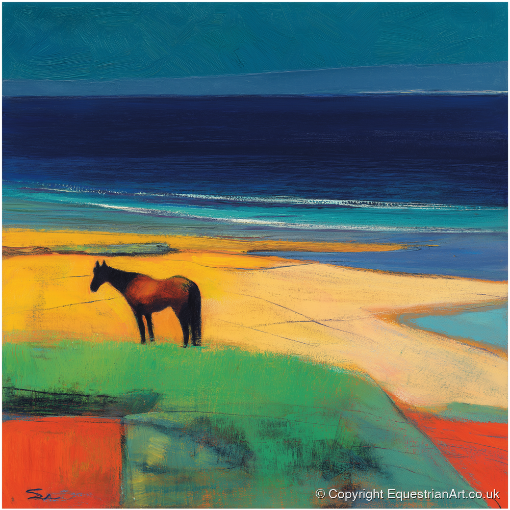 Vibrant Coastal Solitude - horse landscape art print and canvas by Lucius Merrick A.I