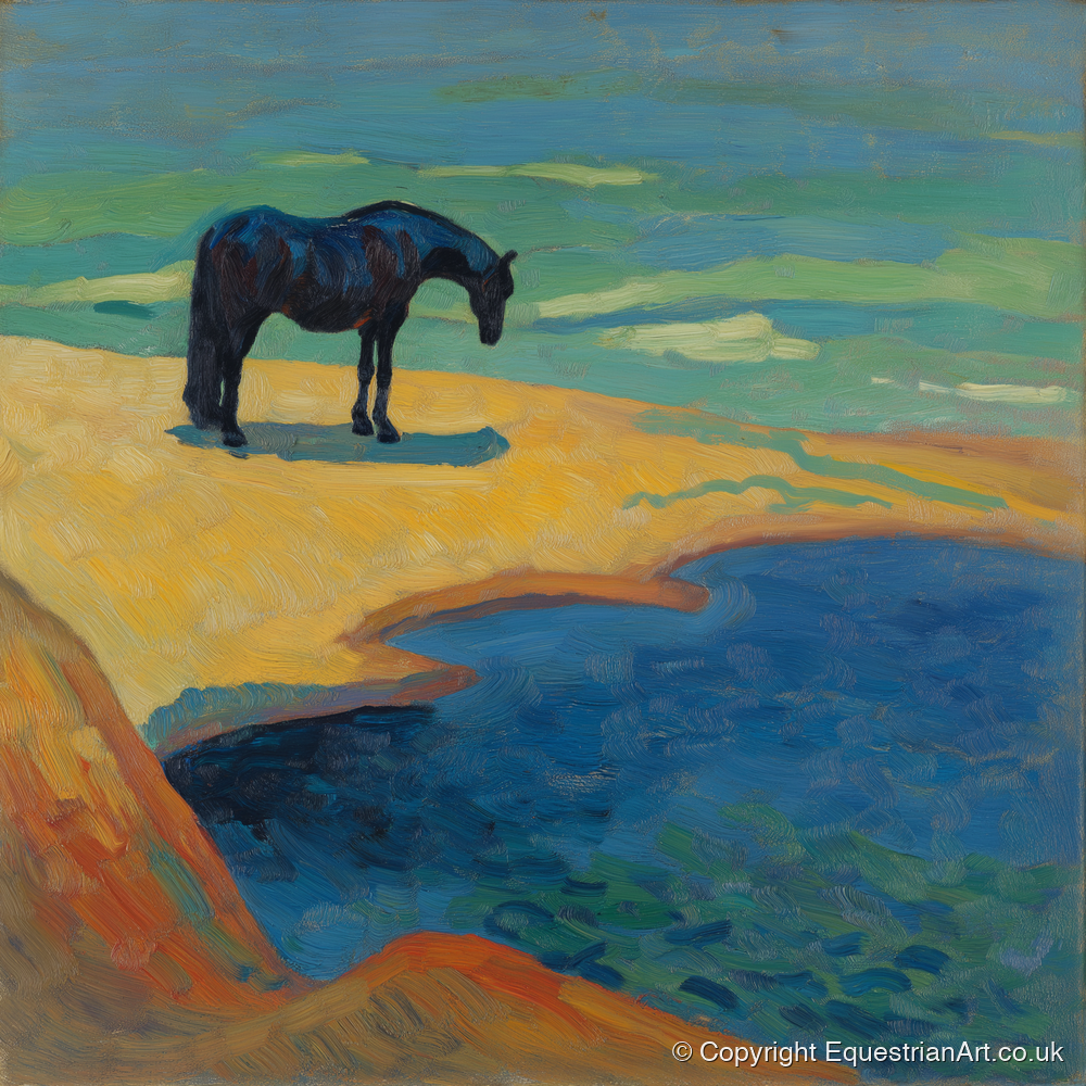 Vibrant Coastal Solitude - horse landscape art print and canvas by Rowan Sinclair A.I